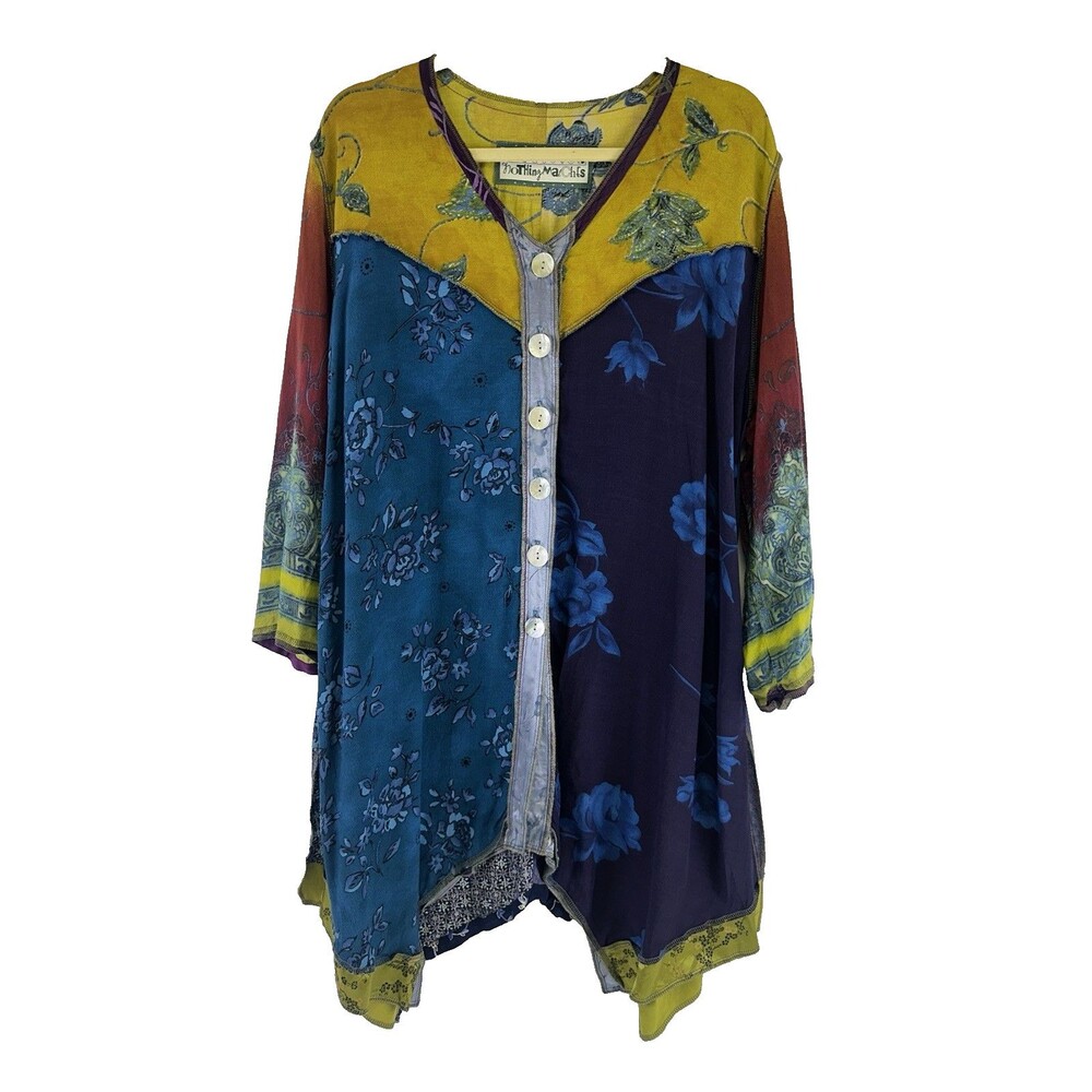Nothing Matches Patchwork Button Tunic Top Colorful Blouse Rayon Lagenlook Shirt